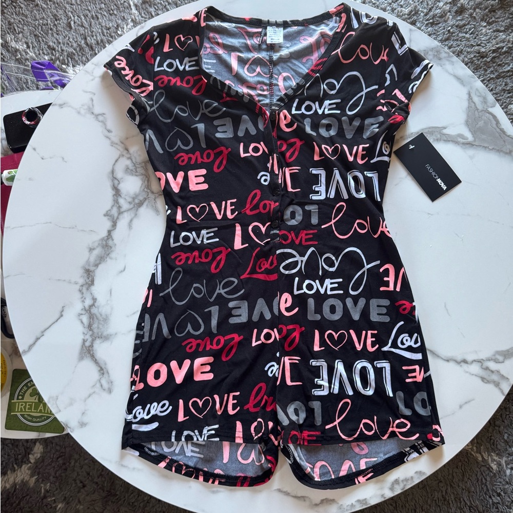 Fashion Nova Black and Pink Heart Print Romper